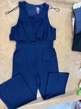 Vince Camuto Navy Ruffle-Front Sleeveless Jumpsuit